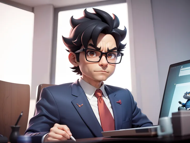 A young man in a suit, Short hair and glasses sat at his desk，holding laptop，digitial painting，tigre，3D character design by Mark Clairen and Pixar and Hayao Miyazaki and Akira Toriyama，4K HD illustration，Very detailed facial features and cartoon-style visu...