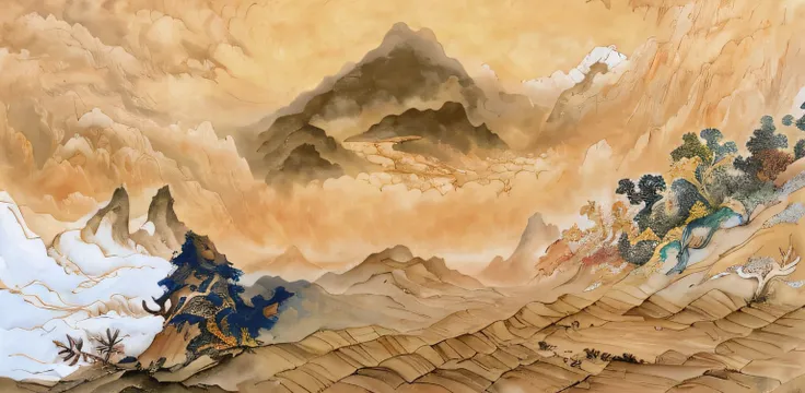 There is a teacup in the lower left corner，The background is a mountain, golden mountain in the desert,Mountain peaks are like five fingers， Twisted desert, Sand desert fantasy, surreal landscapes, sandstorms, somewhere in sands of the desert, inspired by ...