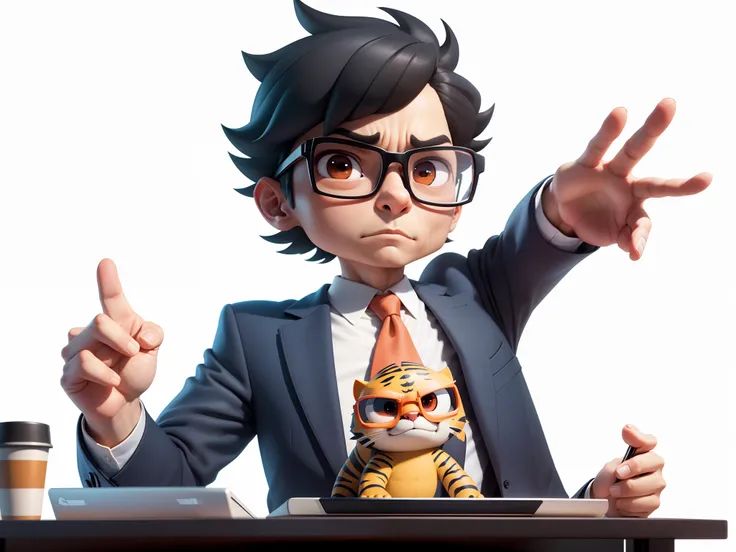 A young man in a suit, Short hair and glasses sat at his desk，holding laptop，digitial painting，tigre，3D character design by Mark Clairen and Pixar and Hayao Miyazaki and Akira Toriyama，4K HD illustration，Very detailed facial features and cartoon-style visu...