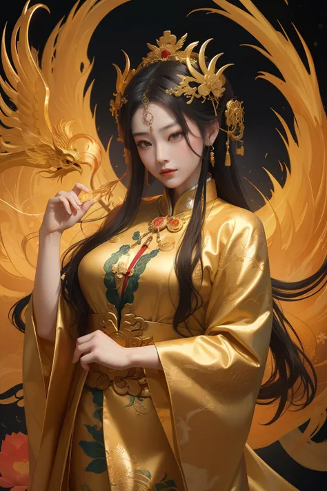 an ancient Chinese goddess, guanyin of the southern seas, Guanyin, Inspired by China, Avalokiteshvara rides a phoenix，,Serene expression,shui mo hua,Buddha,Buddhist,Lotus,Chinese painting style,Thangka style