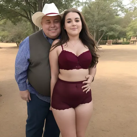 25-year-old girl in red lingerie hugging her partner, 59-year-old half-fat man in a casual suit in a hotel room, (full body)