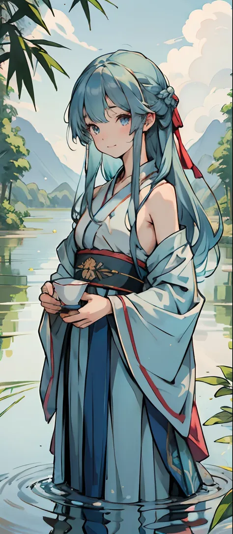 Masterpiece, Best Quality, Official Art, 8k Wallpaper, Very Detailed, Illustration, 1 Girl, Sky Blue Hair, Long Hair, Detailed Eyes, Forrest Gump, Bare Shoulders, Hanfu, Lake, Pure, Soft Smile, bamboo, tea