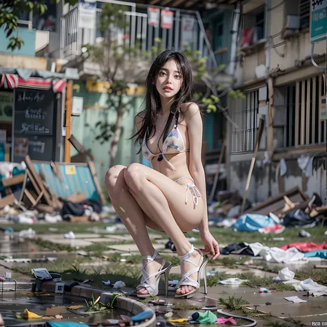 Abandoned schools，Garbage all over the ground，Sexy standing pose，Full body portrait 1.1，18 years old girls，Random white transparent bikini，lean and slender body，As thin as a whipping post，Skinny，Fair and clean skin，The barefoot，Random nudity all over the b...