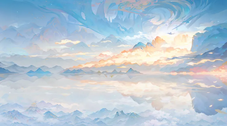 Paint a beautiful landscape with mountains and lakes, Detailed scenery —width 672, anime beautiful peace scene, epic dreamlike fantasy landscape, 4k highly detailed digital art, anime landscape wallpapers, Atmospheric fantasy sky, ethereal landscape, A bea...