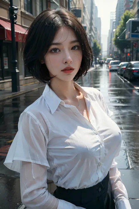 ((Best quality, 8k, Masterpiece :1.3)), Sharp focus :1.2, A pretty woman with perfect figure :1.4, Slender abs :1.2, ((Layered haircut, Big breasts :1.2)), (Wet white button up long shirt :1.1), (Rain, Street:1.2), Wet body :1.5, Highly detailed face and s...