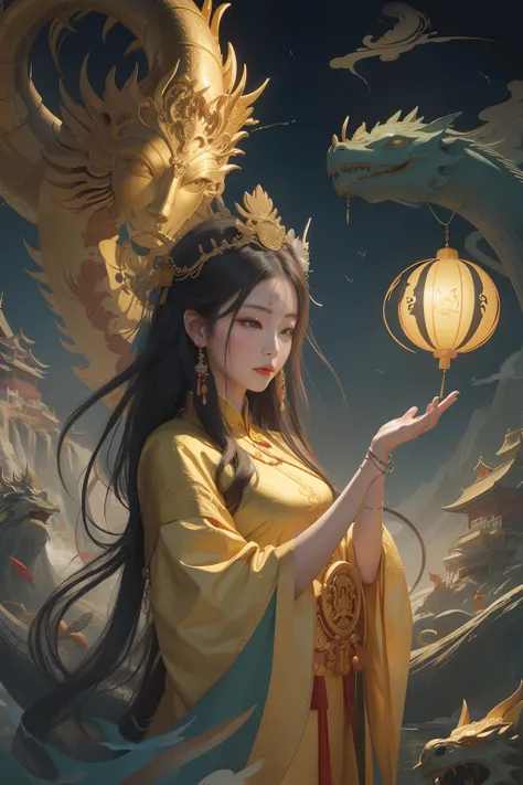 an ancient Chinese goddess, guanyin of the southern seas, Guanyin, Inspired by China, Avalokiteshvara rides a dragon，,Serene expression,shui mo hua,Buddha,Buddhist,Lotus,Chinese painting style,Thangka style