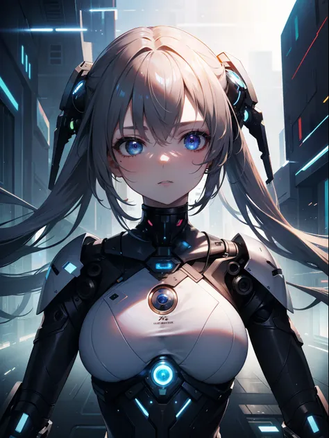 (Masterpiece, Best Quality, Ultra High Resolution),1girl,mechanical suit,biopunk, beautiful and detailed face, detailed eyes