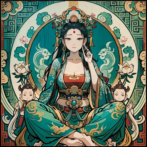 an ancient Chinese goddess, guanyin of the southern seas, Guanyin, Inspired by India, Avalokiteshvara Bodhisattva Dragon，,Serene expression,shui mo hua,Buddha,Buddhist,Lotus,Chinese painting style,Thangka style