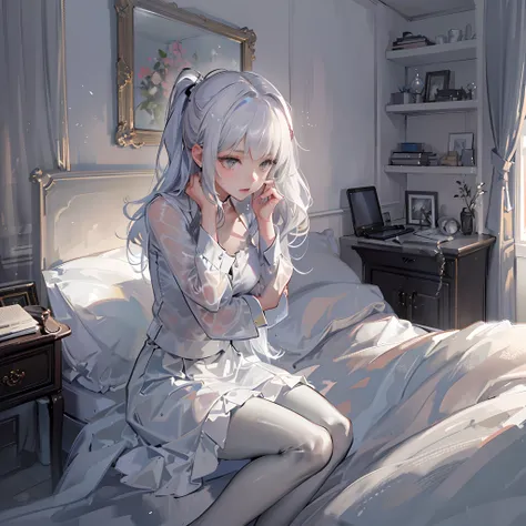 (((1 girl)),ray tracing,(dim lighting),[detailed background (bedroom)),((silver hair)),((silver hair)),(Fluffy silver hair, plump and slender girl))) with high ponytail))) Avoid golden eyes in the ominous bedroom ((((Girl wears a white shirt, black wrinkle...