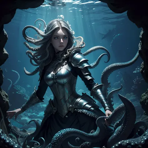 (extremely detaile, tmasterpiece, Best quality, Under the ocean), in dark style, Volumetric illumination. Medieval armor, Beautiful female, silber hair，blueneyes，, Tentacle, deformation, underwater image, Threatens the octopus beak. Ink stains. Rococo comp...