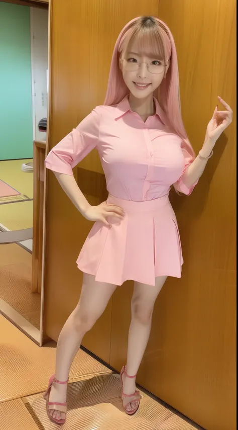 1 japanese girl, blonde hair, long hair, (face detail), pink glasses, (big breast), (pink shirt), (brown short skirt), tall body, high heels, shoot full body