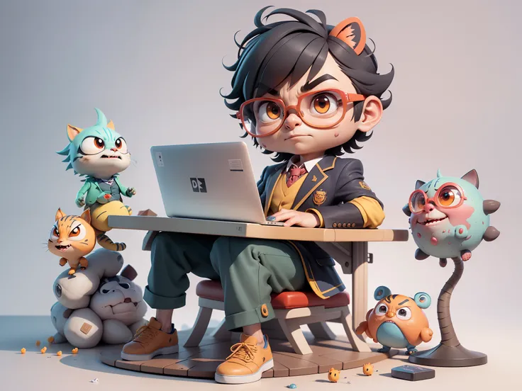 A young man in a suit, Short hair and glasses sat at his desk，holding laptop，digitial painting，tigre，3D character design by Mark Clairen and Pixar and Hayao Miyazaki and Akira Toriyama，4K HD illustration，Very detailed facial features and cartoon-style visu...