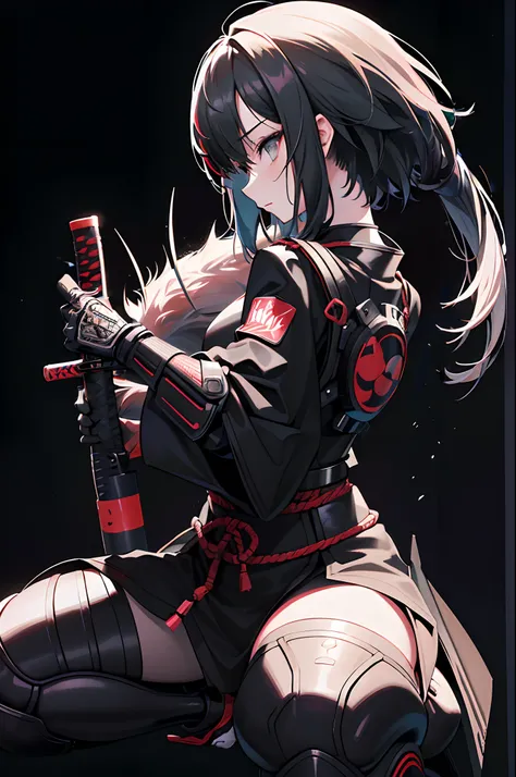 ((solid black background)), solo, 1girl, cyberpunk samurai armour, cyberpunk art, wolfcut with grey tips at end, holding katana in foreground, close up shot, 3/4 full body side profile to the right, manga art style, inspired by Takehiko Inoue, (extremely d...