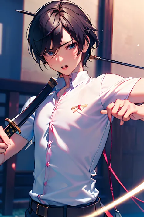 ((ultra best quality)), ((A very masterpiece)), ((Super Detail:1.4)), ((Ultra-Photorealistic 3D)), Boy have a sword、battle,swing Japanese sword,silber hair、Elementary school boy