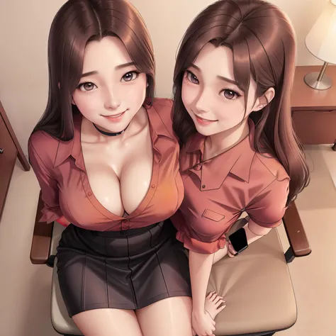 girl,office lady assistant, he tall,sexy pose office lady assistant,long wet brown hair,super big breast,(P cup),age 18,happy and smile detailed face,sexy office lady assistant long wet shirt, and skirt outfit,full body,red peach lips,sitting on chair and ...