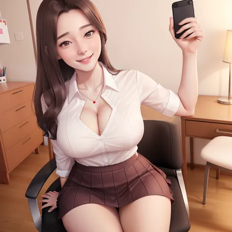 girl,office lady assistant, he tall,sexy pose office lady assistant,long wet brown hair,super big breast,(P cup),age 18,happy and smile detailed face,sexy office lady assistant long wet shirt, and skirt outfit,full body,red peach lips,sitting on chair and ...