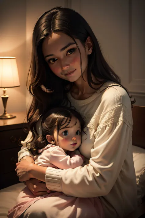 Mom in the bedroom，Holding a cute little girl in her arms，8K，k hd，Mom smiled，The little girl was smiling，The eyes are round，incredibly detailed，Sharpen，the detail +superbly fine details+Night of lights+perfectionism+award winning realism（（Moody light））