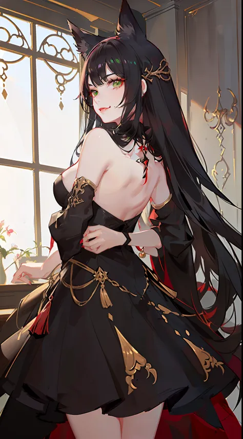 Adult woman, pale skin, Long black hair, Fox ears, Green eyes, red eyeshadow, red lipstick, Black Magic Dress, open breasts, smirk, Masterpiece, hiquality