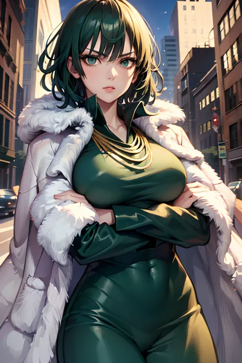 (masterpiece, best quality:1.2), cowboy shot, solo, 1girl, fubuki, expressionless, crossed arms, green hair, taut clothes, fur coat, jewelry, necklace