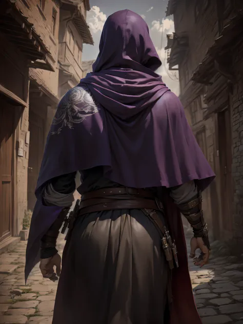 (((masutepiece, Best Quality, Ultra-detailed))), (Male talented assassins, Walk away, Look forward, Solo, Back view, Unapproachable atmosphere, deadpan, Serious, Perfect fingers, Perfect hands), 35 years old, (Long assassins cloak), Medieval back alley in ...