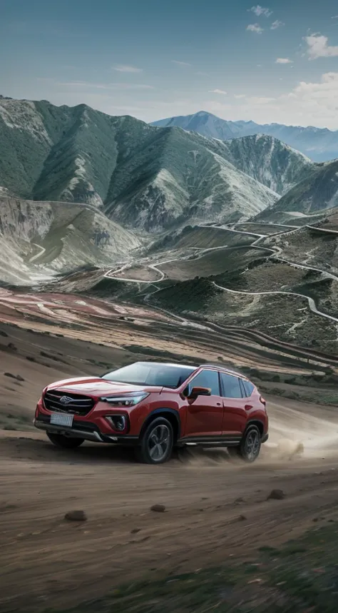 Alafde view of a red SUV driving on a dirt road, haval f 7, shaxi, subaru, hyperrealistic”, ultra realistic”, 80k, 8 0 k, high-quality picture, 🤬 🤮 💕 🎀, 9K, 9 k, adventure hyper realistic render, 8K!, nouveau, cover shot, China, photorender, 4l