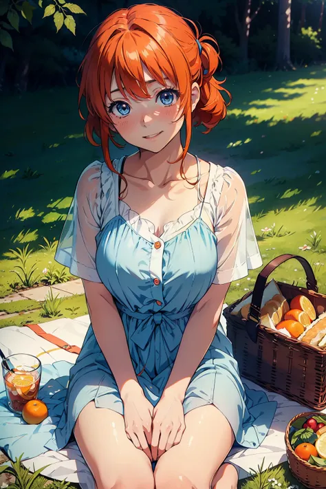 Ryuuguu Rena, Higurashi no naku koro ni, blue eyes, orange hair, medium hair, white dress, cute, picnic blanket, sit, picnic, looking at viewer, blush, smile, happy, pov, date, sandwich, romantic, solo