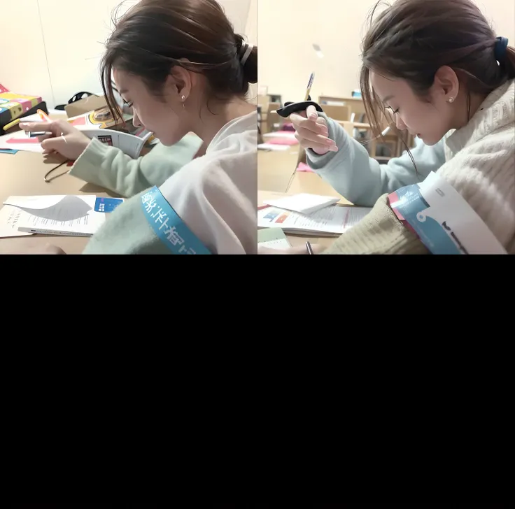 There was a woman at a table, trying to study, Research, Student, studyng in bedroom, , Studious, Li Zixin, candid shot, , studying in a brightly lit room, , an aesthetic!, working, random artist