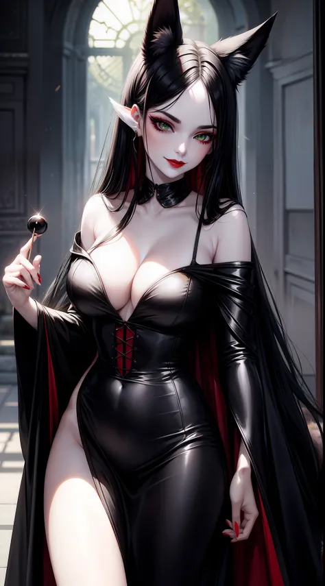 Adult woman, pale skin, Long black hair, Fox ears, Green eyes, red eyeshadow, red lipstick, Black Magic Dress, open breasts, smirk, Masterpiece, hiquality