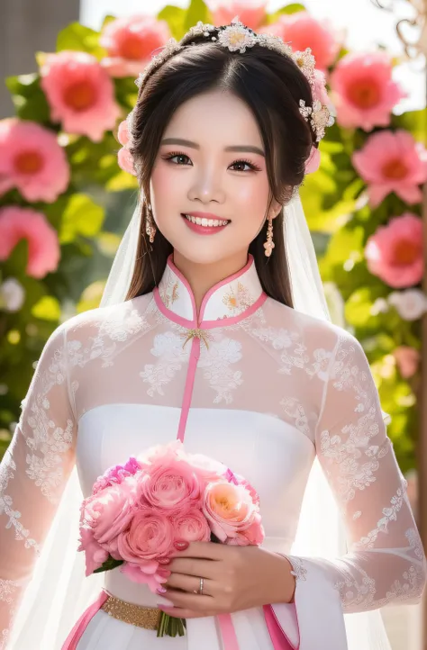 bride and groom posing for a picture in front of a floral arch, dang my linh, ao dai, mai anh tran, in style of lam manh, lalisa manobal, quy ho, 🤬 🤮 💕 🎀, nivanh chanthara, duy beni serial, hoang long ly, ngai victo