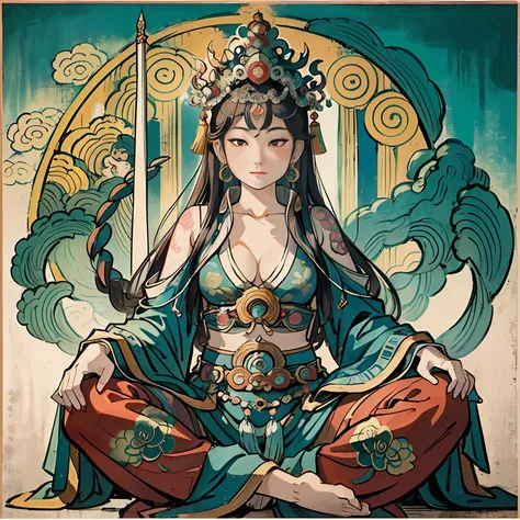 an ancient Chinese goddess, guanyin of the southern seas, Guanyin, Inspired by India, Avalokiteshvara Bodhisattva Lion，,Serene expression,shui mo hua,Buddha,Buddhist,Lotus,Chinese painting style,Thangka style