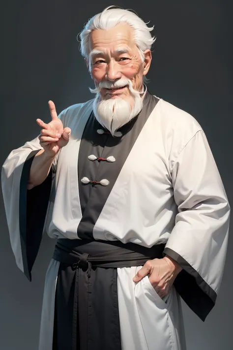 with a pure white background，An old Chinese man，ssmile，Smiling，There are Gods eyes，Old man，wrinkles，white mustache，White hair，Black eyebrows，Kind expression，stand posture，One hand in front of you，Put one hand behind you