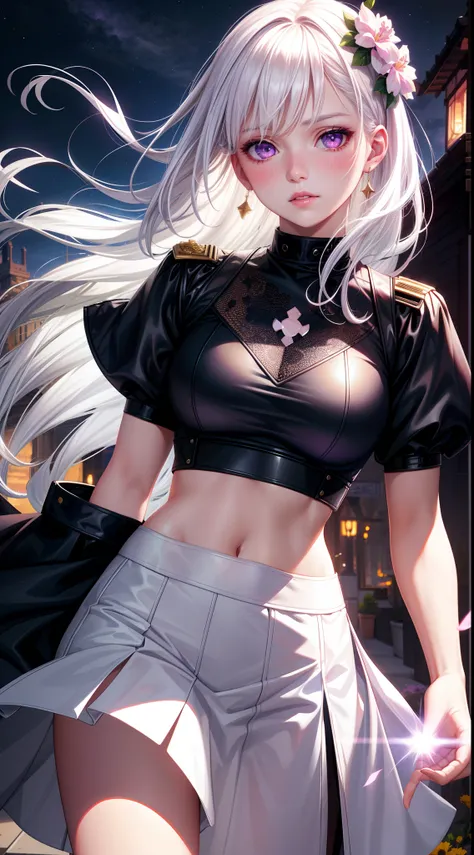 realistic, 1girl, white hair, purple eyes, glowing eyes, crop top, skirt, parted lips, blush, night, flowers, sun, sunlight,