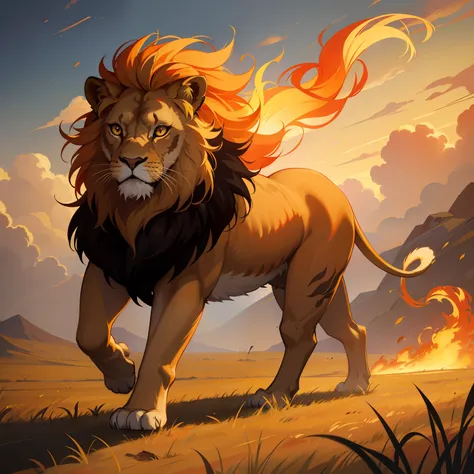 a lion，Covered in fire，Walking mightily on the prairie