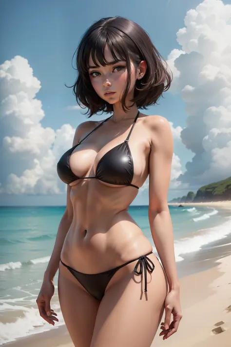 a woman in a bikini standing on the beach, trending on cg society, private press, black background, ultra hd, 4k,ANIME