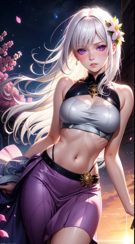 realistic, 1girl, white hair, purple eyes, glowing eyes, crop top, skirt, parted lips, blush, night, flowers, sun, sunlight,