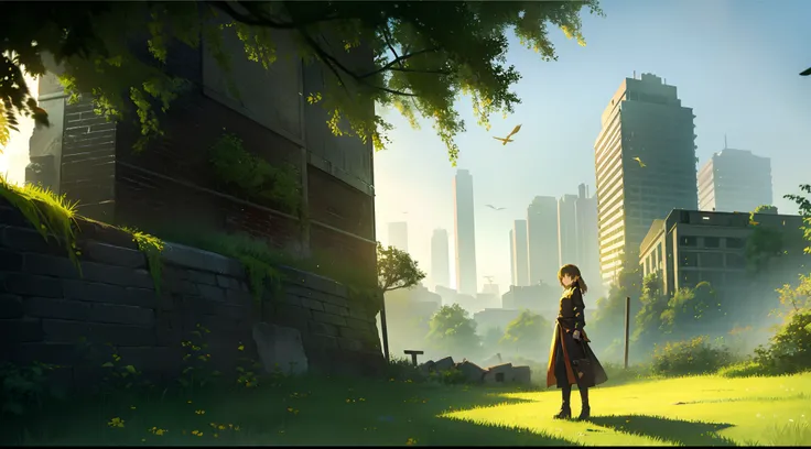 1girll，golden colored，Greenery，after a war，废墟，Remains Cliff，城市，earth，smog，,Standing painting，arma，Broken walls，Masonry，Masonry walls，wall，broken houses，combat scene