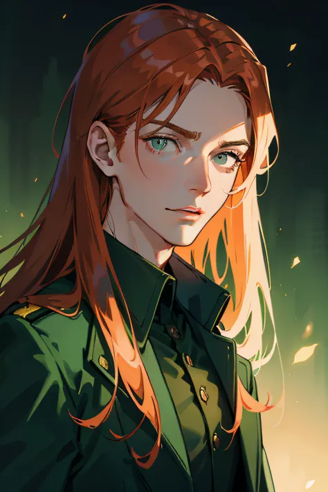 ember, A young, hairlong, Copper hair, green colored eyes, attractive smile, Stylish trench coat, Tall stature, Slender figure, Modern Guy, portraite of a, up close, narrow eyes, higly detailed, without glasses