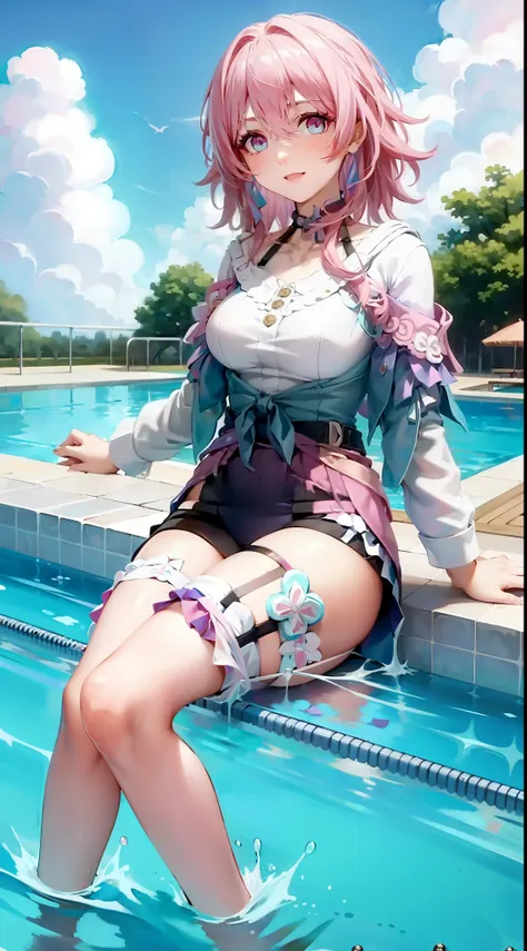 pink lace swimsuit, masterpiece, 8k, smile, swimming pool, pink hair, cute