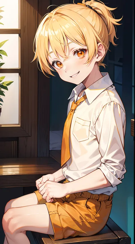 little boy, short blonde hair, high ponytail, Orange Eyes, Smile, Aristocrats shirt, Shorts, Masterpiece, hiquality