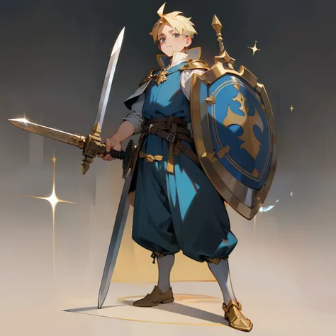 A boy holds a sword and shield，Full body like，adolable，standing on your feet，European Middle Ages，Bicephalic proportions