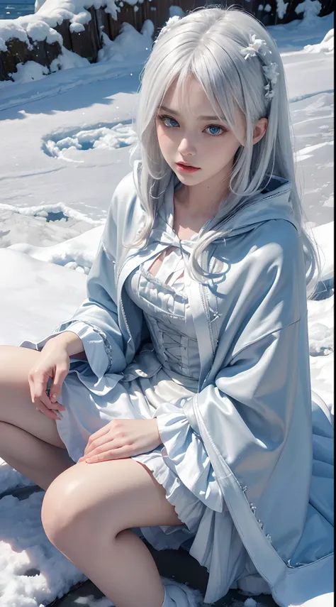 (8K, RAW photo, Photorealistic:1.4)， high resolution, 1 Women, Solo,3D，Sitting,(Lolita costume)，Wear a flowing skirt， Beautiful eyes, White hair, ringed eyes, (sitted，Cloak，Heavy snow)，snowfield