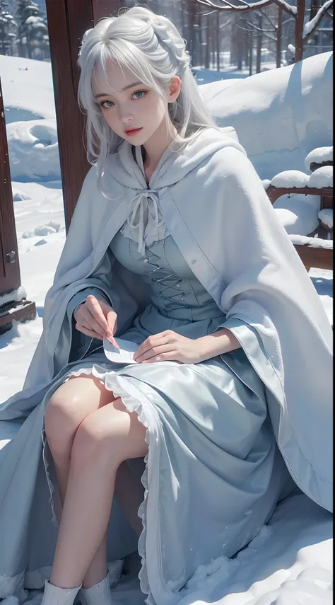 (8K, RAW photo, Photorealistic:1.4)， high resolution, 1 Women, Solo,3D，Sitting,(Lolita costume)，Wear a flowing skirt， Beautiful eyes, White hair, ringed eyes, (sitted，Cloak，Heavy snow)，snowfield