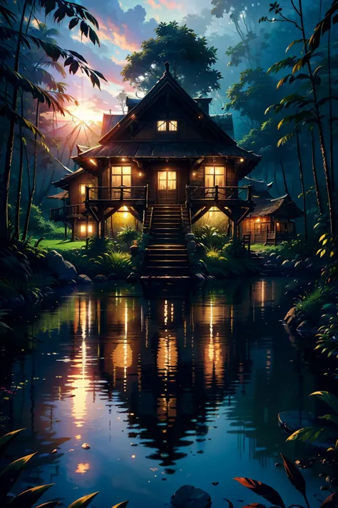 (A rustic wooden house:1.3) in a rainforest and a small lake in front of the house with a small wooden bridge between the house and the other side. Uma nevoa densa da manha espalha pela cena. The sun is rising behind the forest, fazendo que os raios atrave...