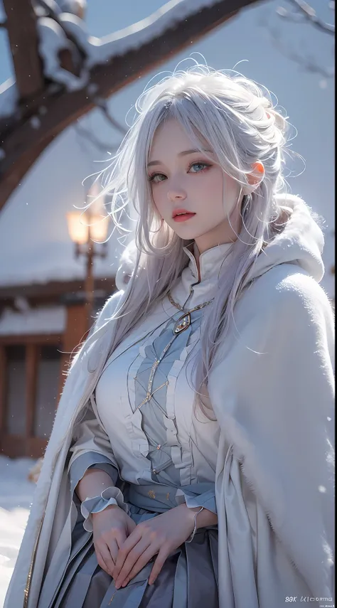 (8K, RAW photo, Photorealistic:1.4)， high resolution, 1 Women, Solo,3D，Sitting,(Lolita costume)，Wear a flowing skirt， Beautiful eyes, White hair, ringed eyes, (sitted，Cloak，Heavy snow)，snowfield