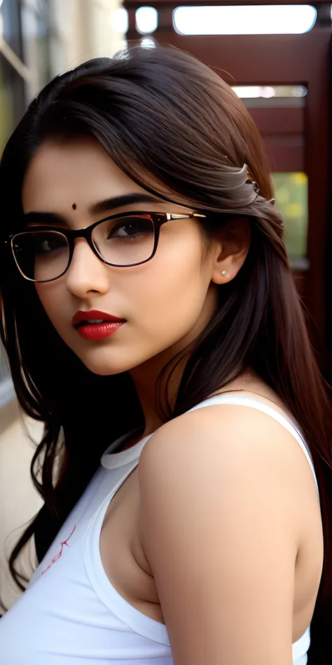 ((beautiful)+(attractive:0.9)+(sensual:0.8)) white indian women ((nerd:0.8)+(lovely)+(clean skin)) with hazel eyes and red lips. Medium brown hair, ((intense eyes))