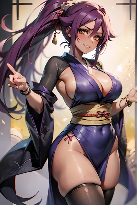 Yoruichi shihouin, dark skin, 1girl, solo, kimono, ,  breasts, cleveage,  hair between eyes, large breasts, long hair, looking at viewer, purple hair, pony tail, solo, thighs, long hair, ((masterpiece)), , soul society,sinigami dress, kimono, standing, , b...