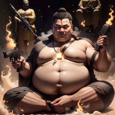 Lord Buddha, old fat Buddha with an assault rifle, firing the rifle,gun smoke,gun flash