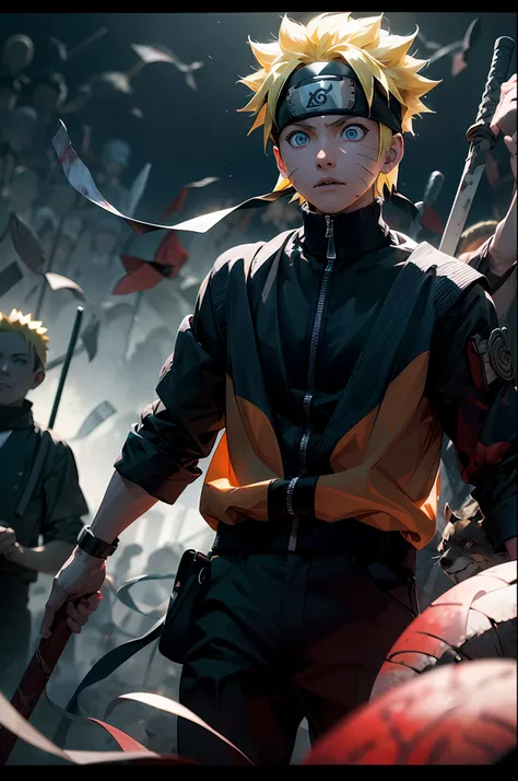 (masterpiece, best quality), uzumaki naruto, 1boy standing in an ocean of blood, red katana, glowing eyes, corpses, blood, blonde hair, blue eyes, short hair, black turtleneck, blurry foreground, fox kurama in the background,