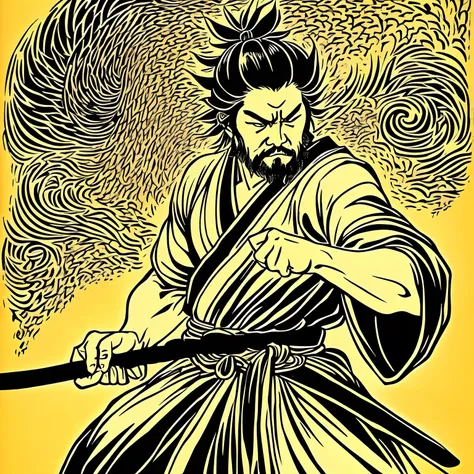 It is a Katsushika Hokusai style line drawing with natural colors. The swordsman Miyamoto Musashi is a Japanese samurai with a great strong physique as a strong man. Your face is very dignified. He also has short black hair and a short, trimmed beard. His ...