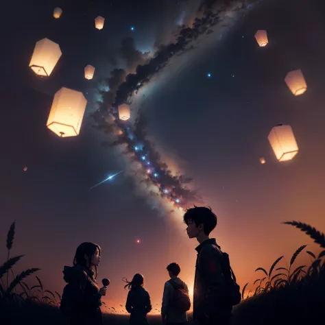 Bright starry sky，galactic，There are a lot of stars，A wheat field，Mai Lang，Silhouettes of boys and girls，komono，There are many Kong Ming lanterns in the sky，Countless Kong Ming lanterns，Countless Kong Ming lanterns，Shinkai sincerely，the night，meteors